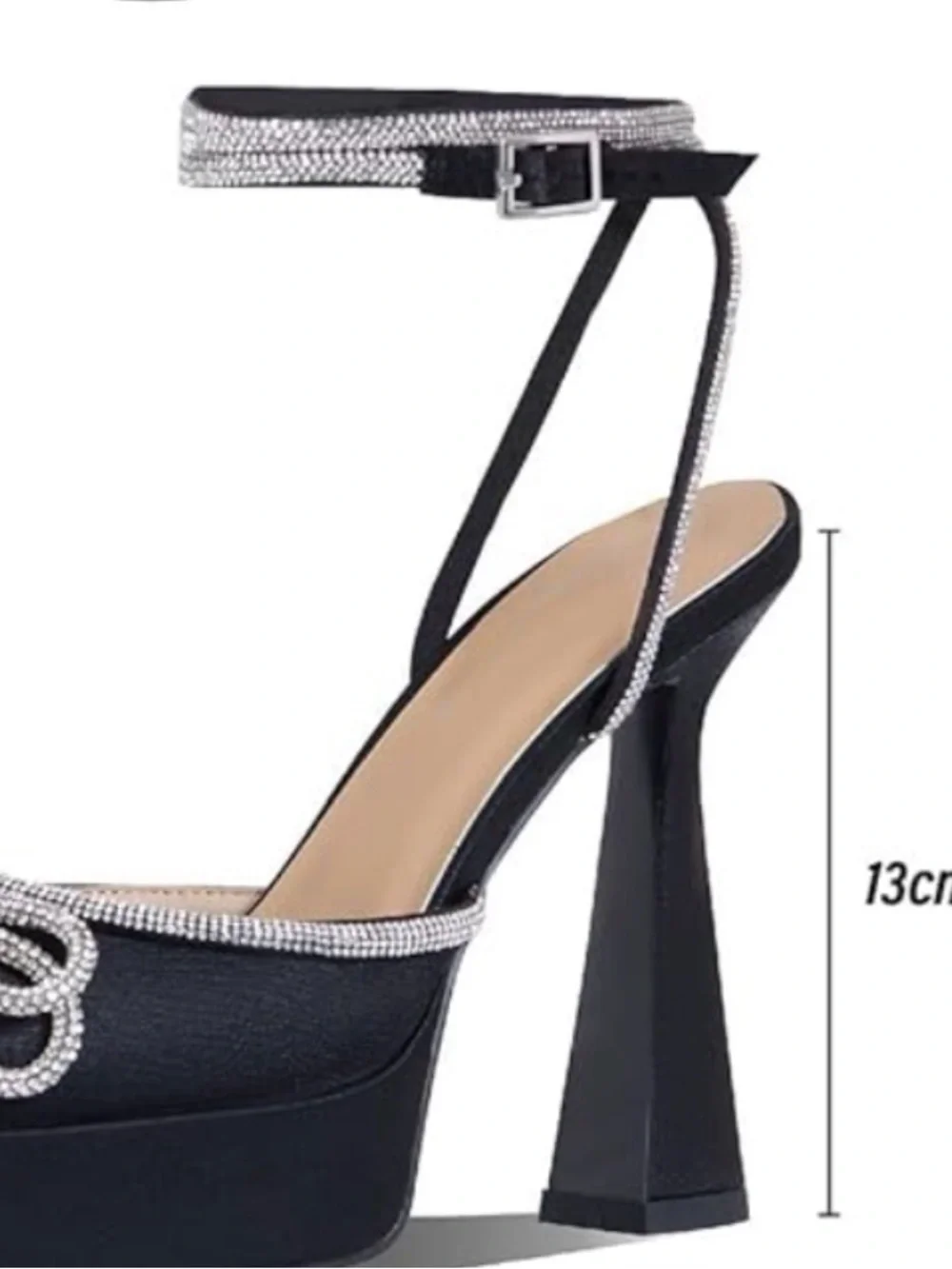 Jenn Ardor Black Satin Platform Heels with Crystal Trim Size 10M
